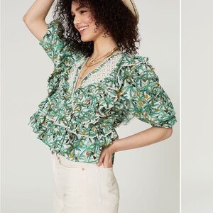 FARM Rio Green Floral Ruffle Blouse
